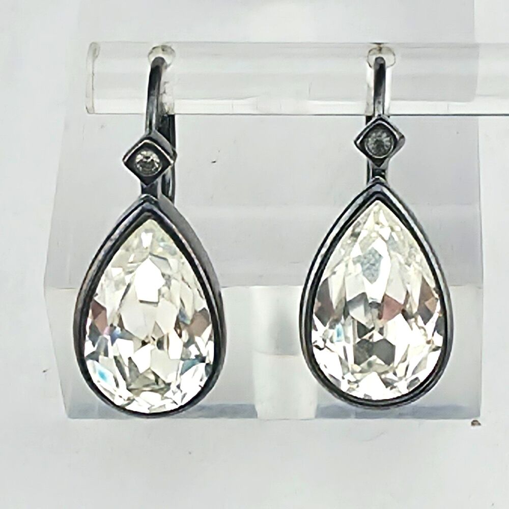 Vintage Signed Carolee White Crystal Gunmetal Pierced Dangle Earrings 3/4"